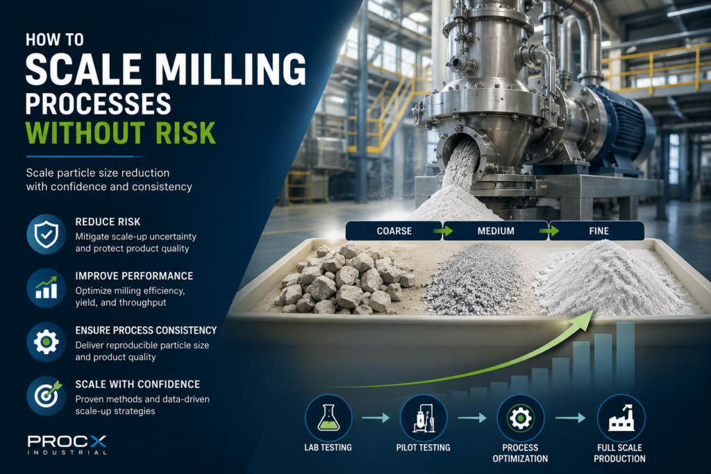 Infographic showing how to scale milling processes with a large industrial machine and a left-side list of benefits (reduce risk, improve performance, ensure consistency, scale with confidence).